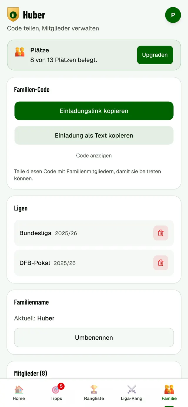 Familien-Einstellungen der App: Einladungslink kopieren, Ligen verwalten und freie Plätze sehen