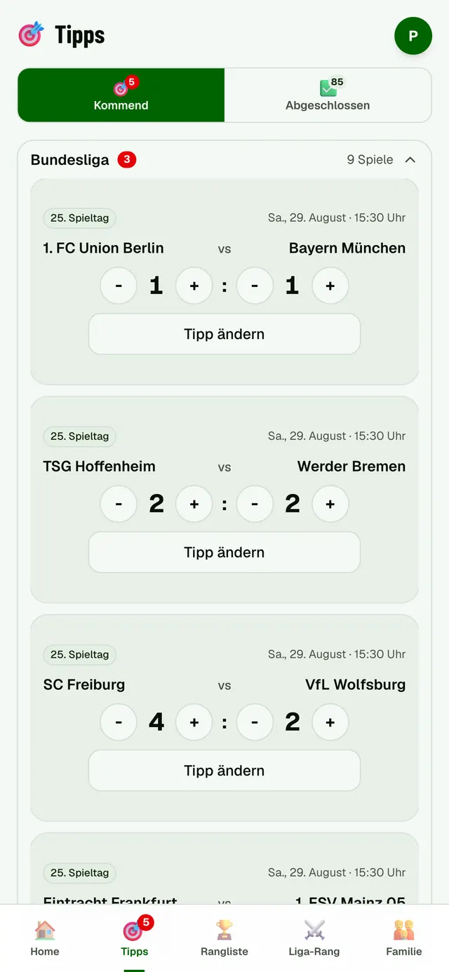 Tipp-Ansicht der App: kommende Bundesliga-Spiele, das Ergebnis wird mit Plus und Minus eingestellt